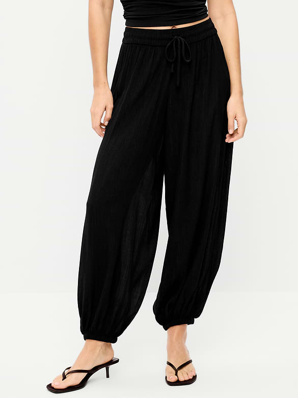 High-Waisted Sheer Crinkle Crepe Harem Pants