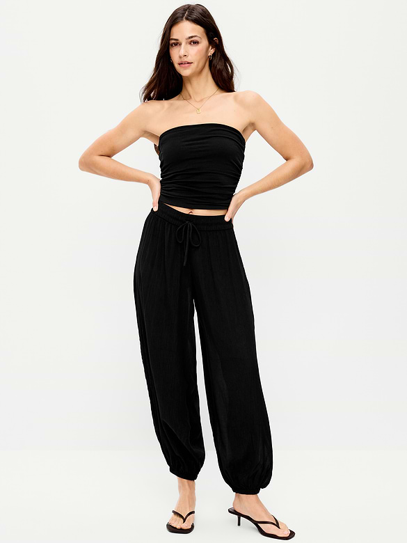 High-Waisted Sheer Crinkle Crepe Harem Pants