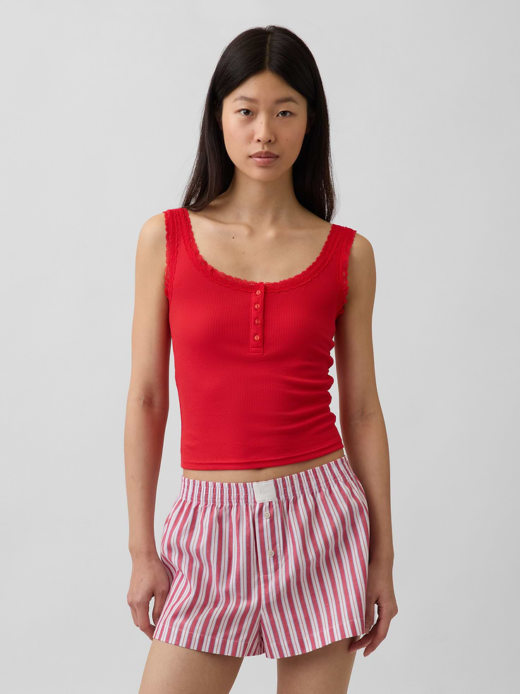 Image number 1 showing, Mini Rib Lace Henley PJ Tank Top