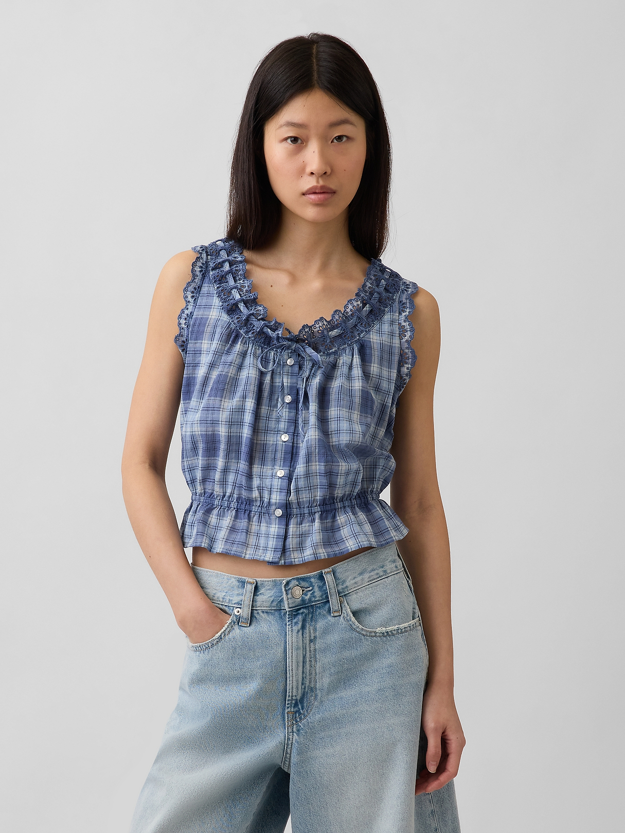 Eyelet Tie-Front Crop Peplum Top | Gap