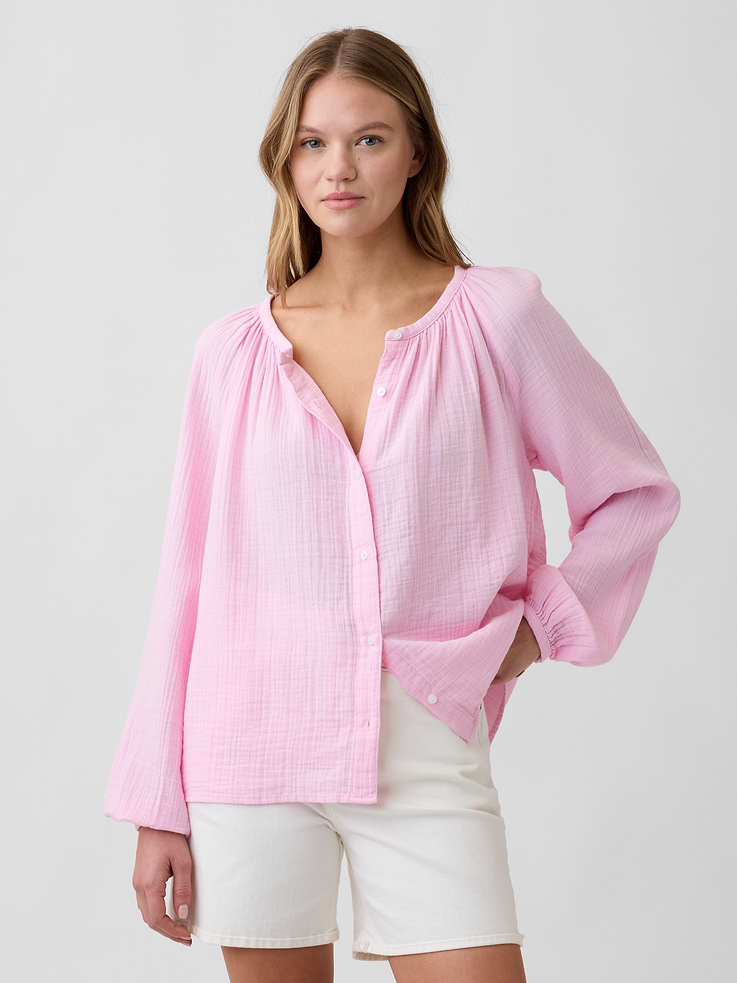Image 1 of 5, Gauze weave with crinkled texture., Long balloon sleeves with elasticized cuffs., Shirring at round neckline, button front., Note: The dye used in the crafting of this product is prone to crocking, or color transfer. Please avoid contact with light-colored fabric or upholstery., This product was made in a factory that invests in gender equity and women’s empowerment through RISE. Learn more at, Product #1172455