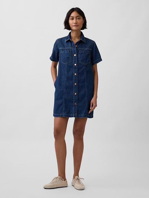 denim shirt dress tencel Women's Ultrasoft Mini Shirtdress by Gap Dark Wash Petite Size XS elegant formal denim dress White Pearl Handmade Maxi wedding-dresses Ultra mini Sizes:S (UK Size 8)