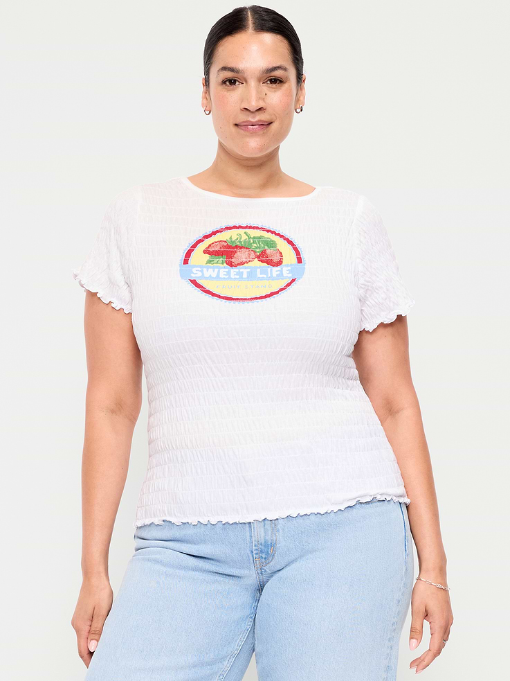 Image number 8 showing, Slit-Neck Smocked Graphic Top
