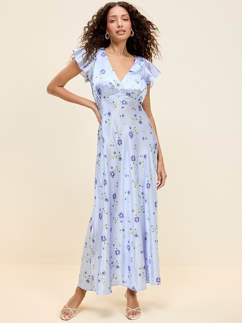 old navy women's fit & flare floral maxi dress reviews Women Classic Cute Stylist Cami Summer Sun  JNL Trading neck short flutter sleeves seamed bodice slim fit hits at ankle maxi length is 55 from shoulder (size m) Old Navy Floral Linen-Blend Maxi