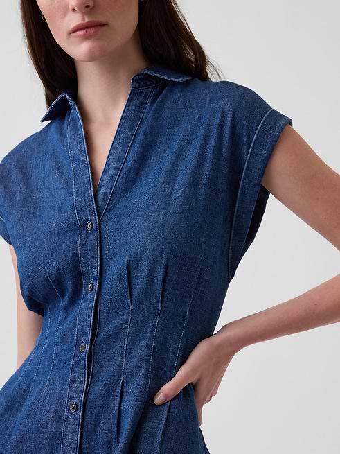 gap denim dress shirt Pleated Mini Shirtdress go down one size Color:SUNWASH STRIPE hacchic-couture Short sleeve Character With Long Black