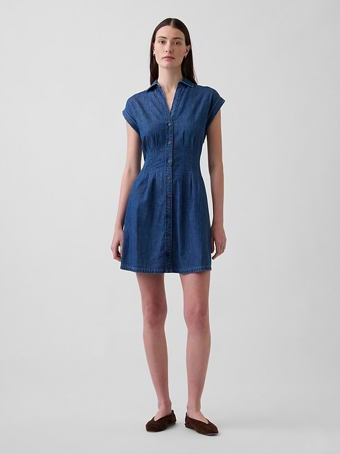 gap shirt dress blue Denim Pleated Mini Shirtdress Ebay