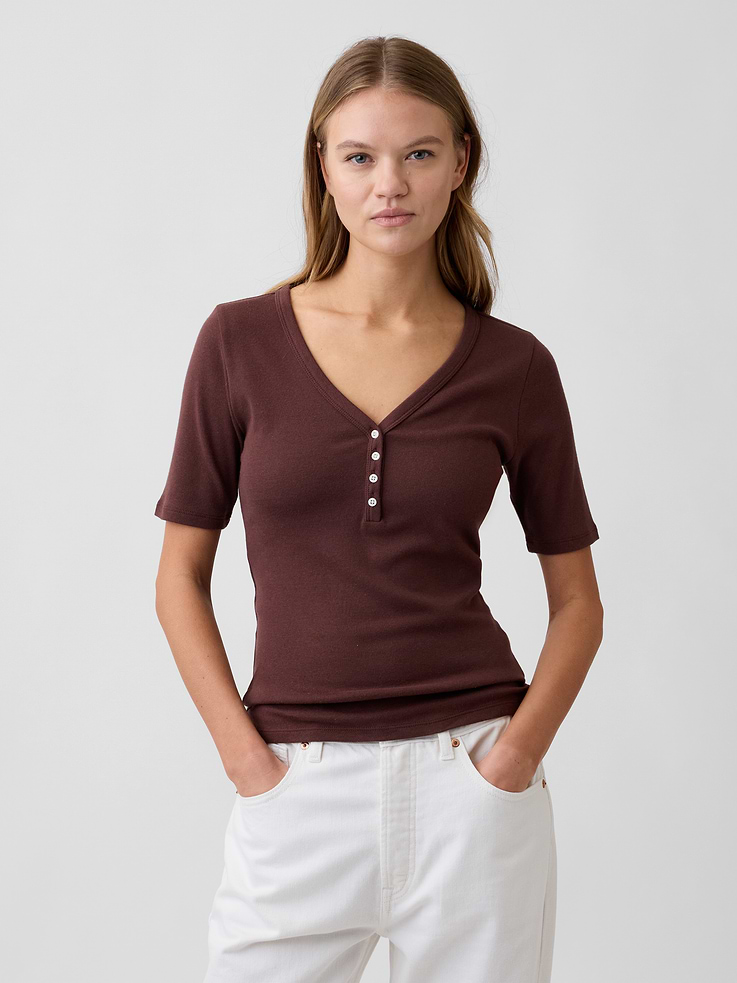 Image number 1 showing, Modern Ribbed V-Neck Henley Top