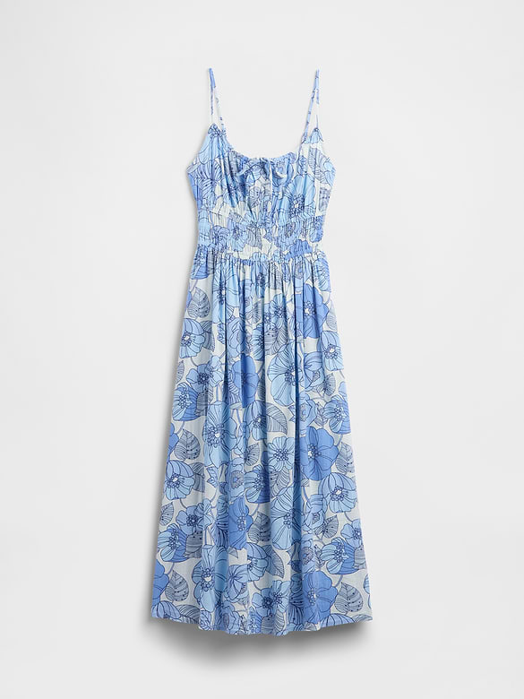 Smocked Tie-Front Midi Dress