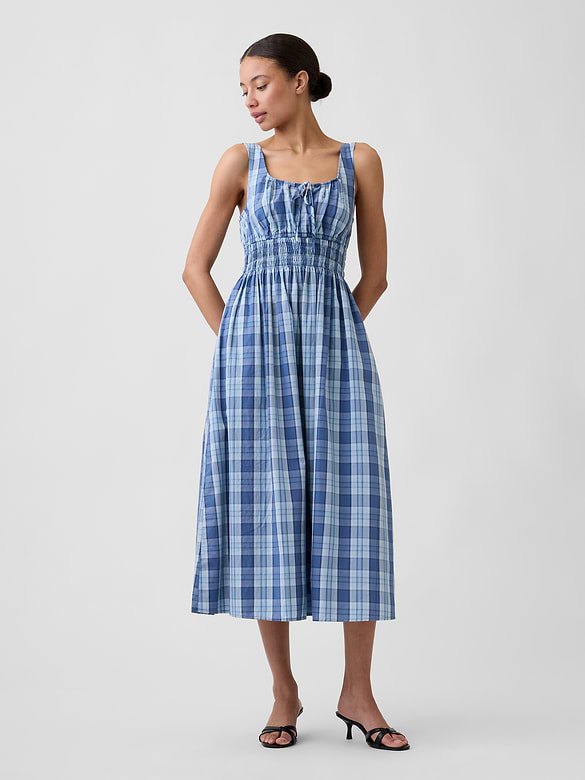 Smocked Tie-Front Midi Dress