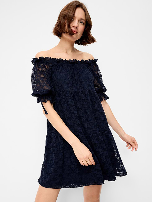 navy blue lace dress Dessy Mini Bring on the ooh Navy Lace Embellished Midi Dress