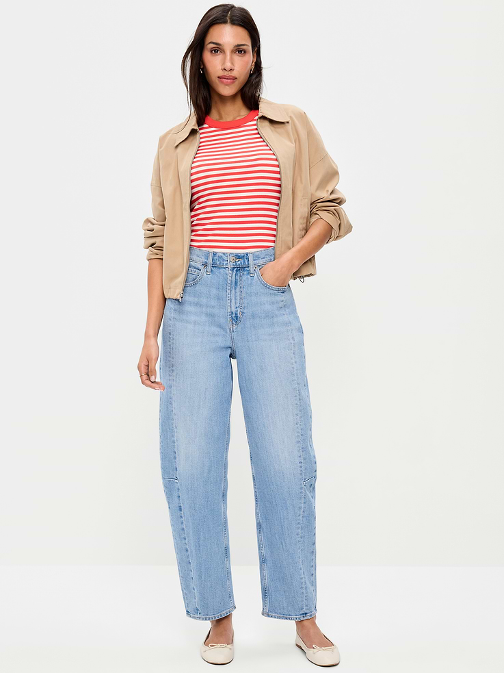 Image number 1 showing, High-Waisted Baggy Barrel Ankle Jeans
