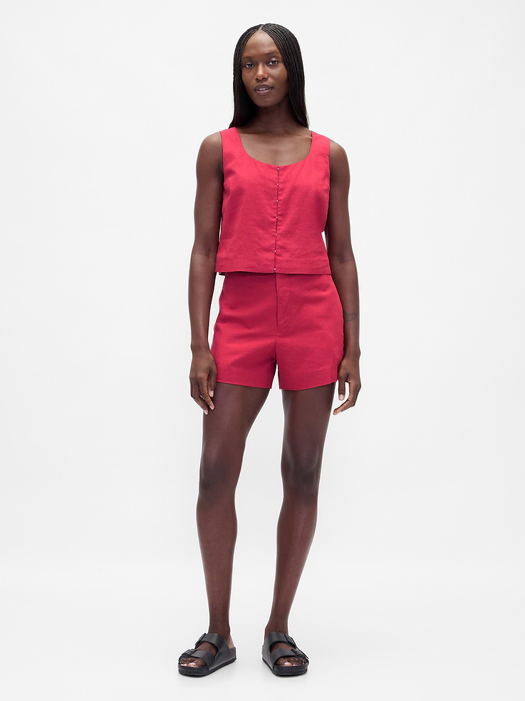 Image number 2 showing, Linen-Blend Hook-Front Crop Shell Top