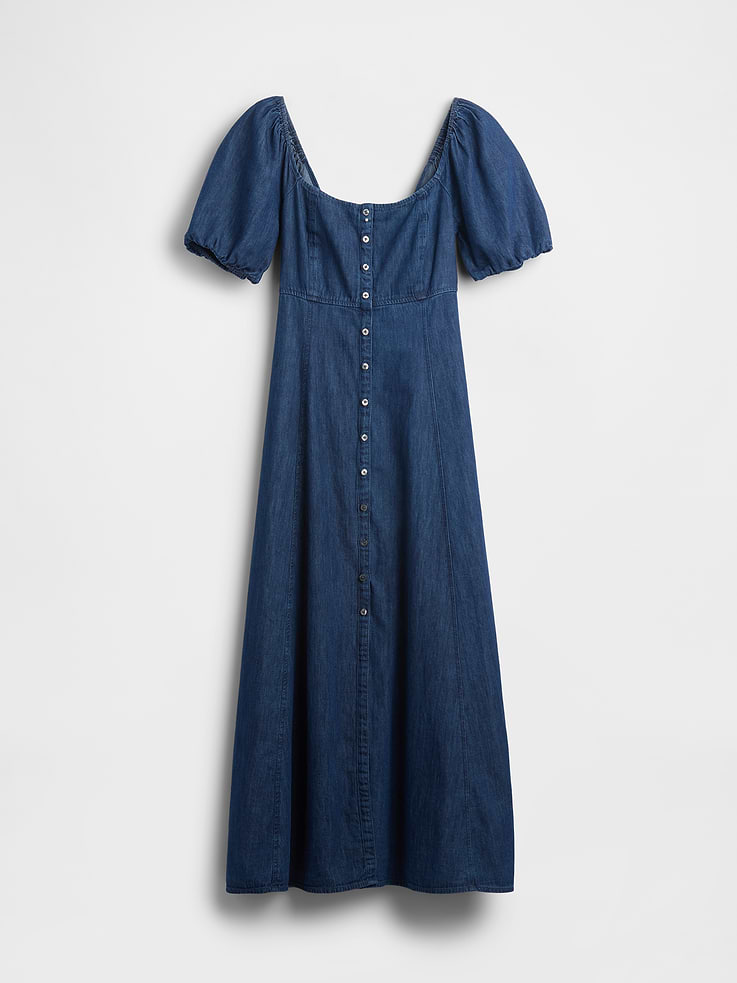 Image number 5 showing, Denim Puff-Sleeve Button-Front Maxi Dress