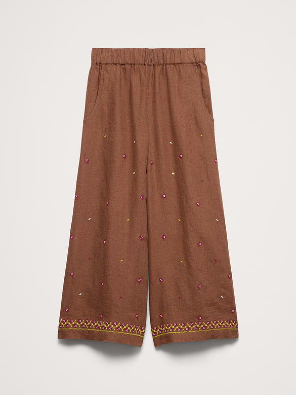 The Pull-On Wide-Leg Ankle Pant in Embroidered Linen