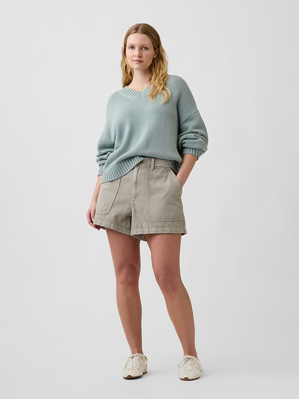 4" High Rise Soft Denim Utility Shorts
