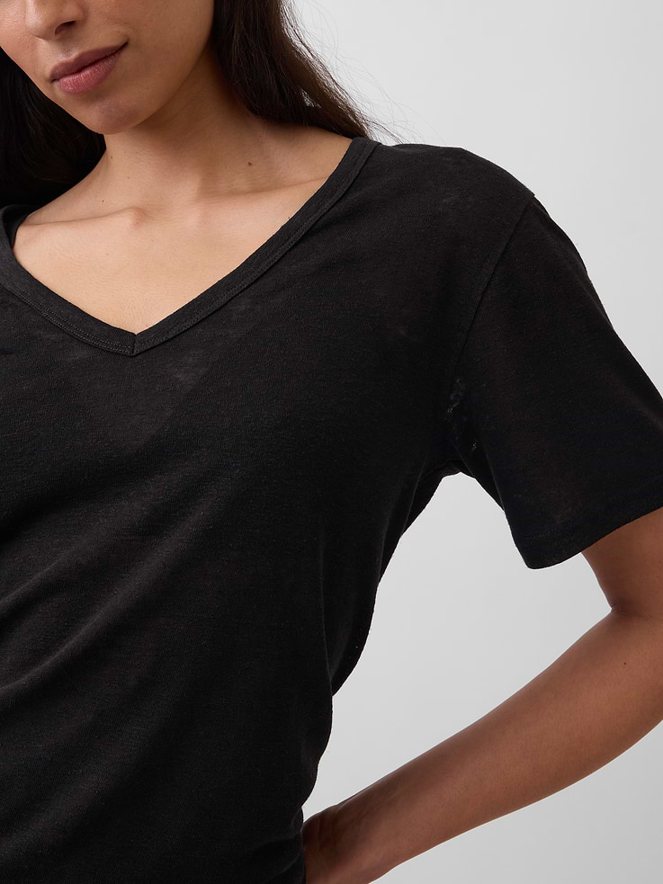 L'image numéro 4 présente T-shirt décontracté à encolure en V en mélange de lin