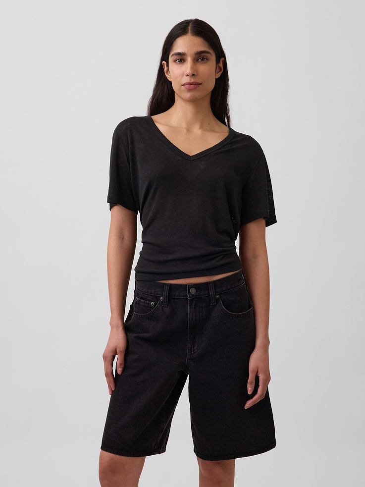 L'image numéro 1 présente T-shirt décontracté à encolure en V en mélange de lin