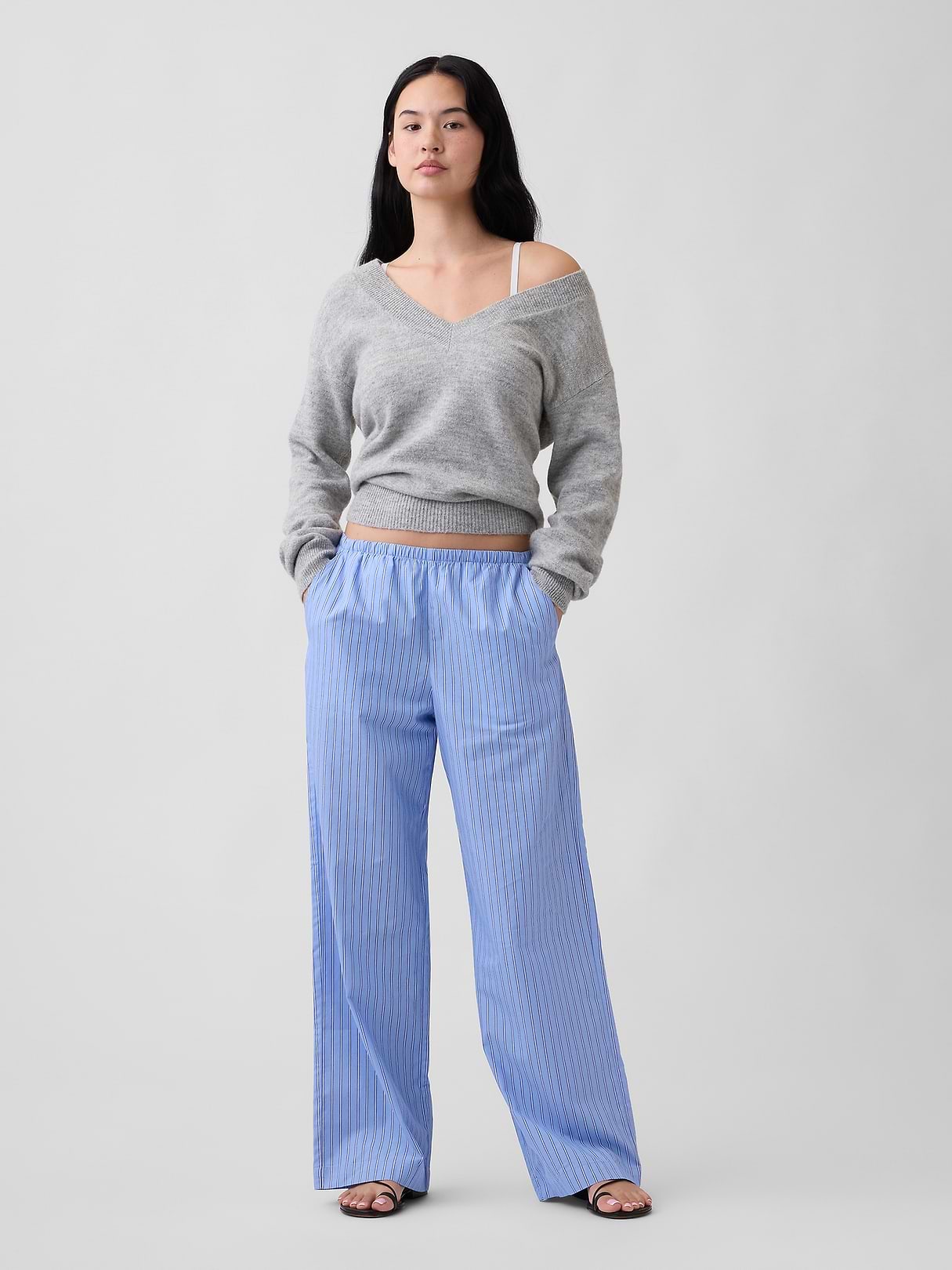 Mid Rise Pull-On Stripe Poplin Pants | Gap Factory