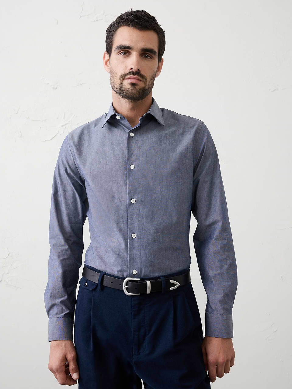 Men's Slim-Fit Dress Shirt Chambray Blue Regular Size L