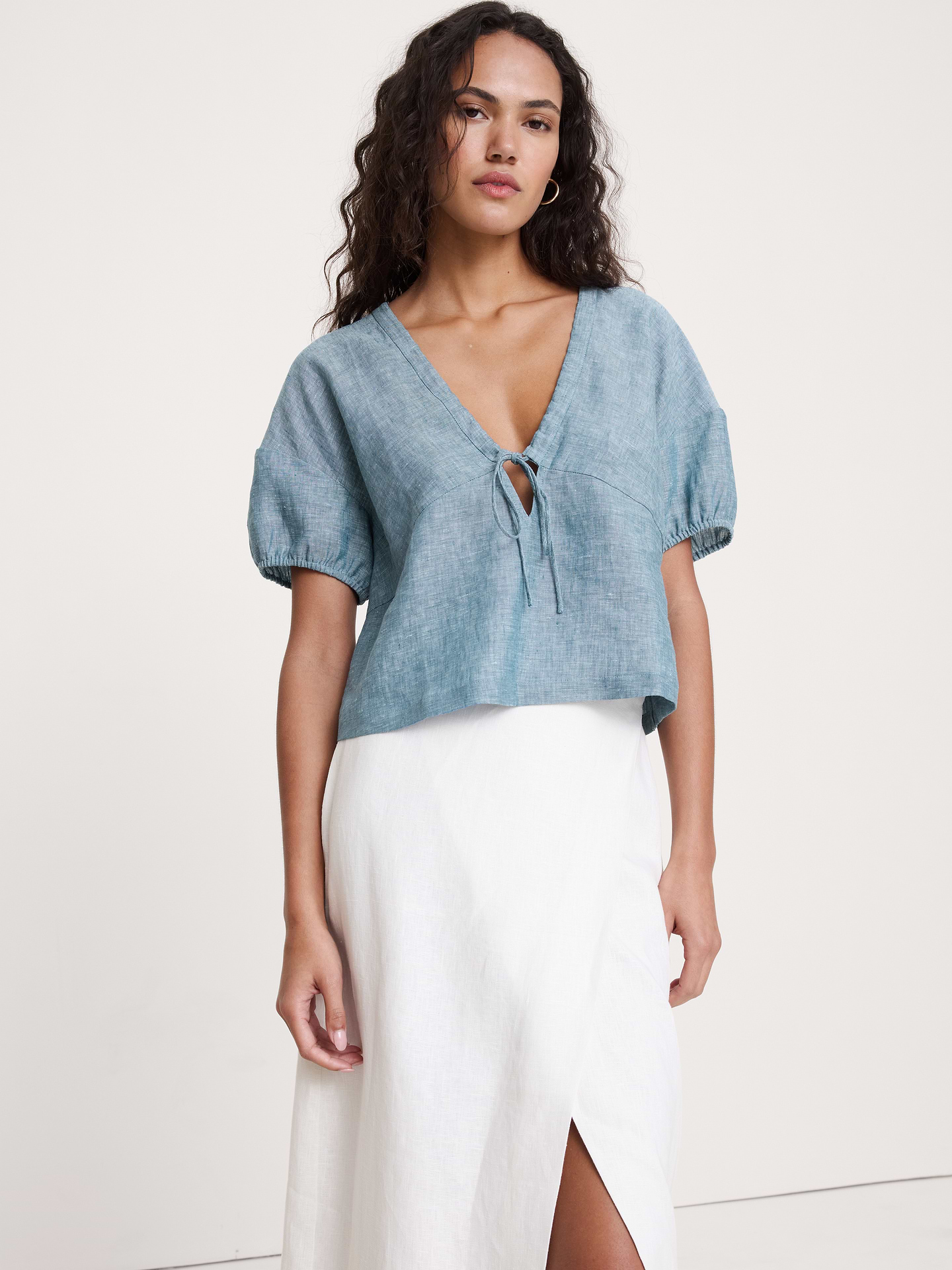 Image number 1 showing, Linen Tie-Front V-Neck Top