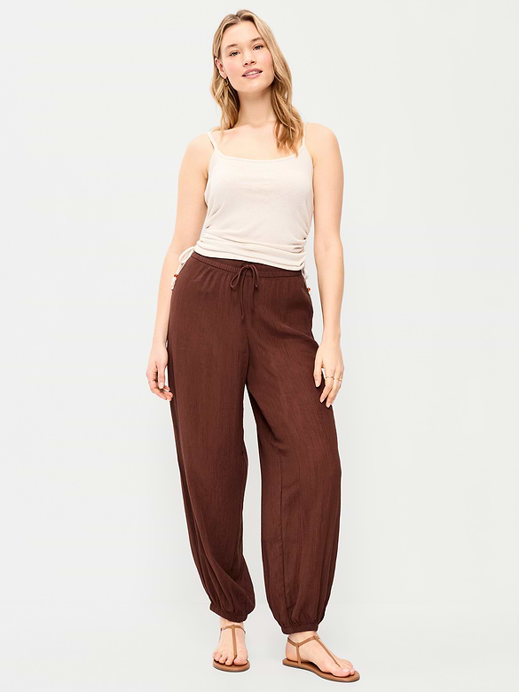 High-Waisted Sheer Crinkle Crepe Harem Pants