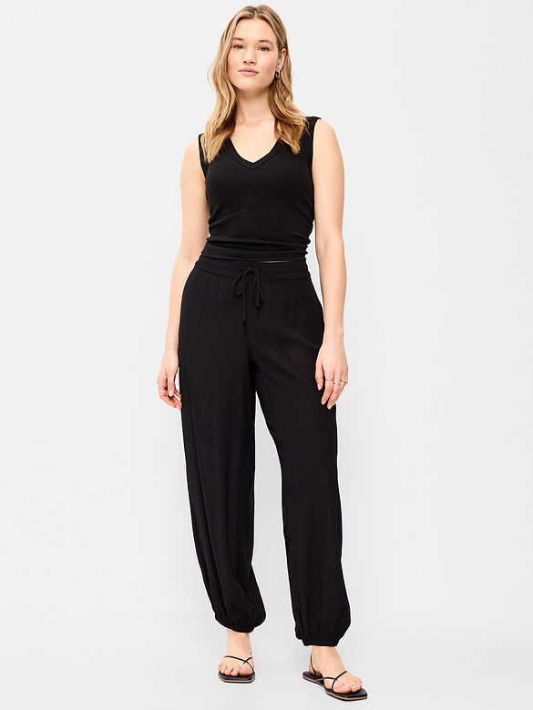 High-Waisted Sheer Crinkle Crepe Harem Pants