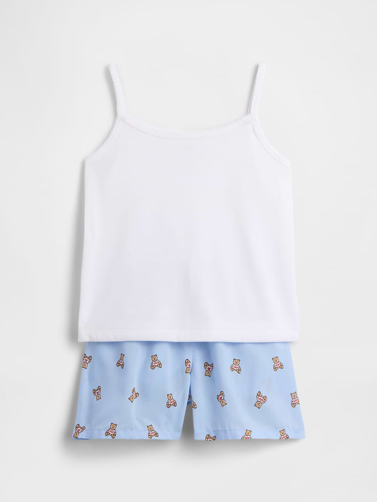 Image 1 of 3, This product is made with/contains 100% recycled polyester. Compared to virgin materials, using recycled materials helps reduce resource use and waste., Soft jersey tank, smooth poplin shorts., Tank straps., Square neckline., Elasticized waist., Select styles have allover print at shorts., This product was made in a factory that invests in gender equity and women’s empowerment through RISE. Learn more at, Product #1172763