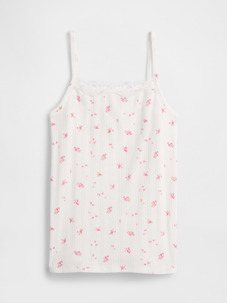 Image 1 of 3, Pointelle jersey knit., Tank straps., Lace trim at square neckline., Select styles have allover print., This product was made in a factory that invests in gender equity and women’s empowerment through RISE. Learn more at, Product #1174982