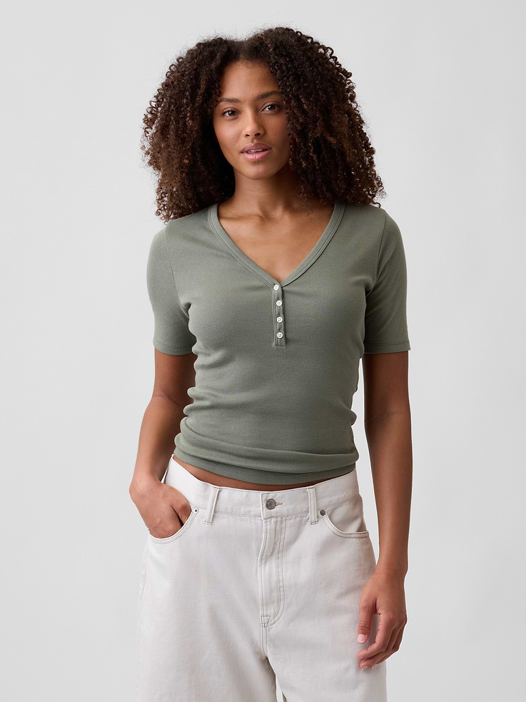 Image number 1 showing, Modern Ribbed V-Neck Henley Top