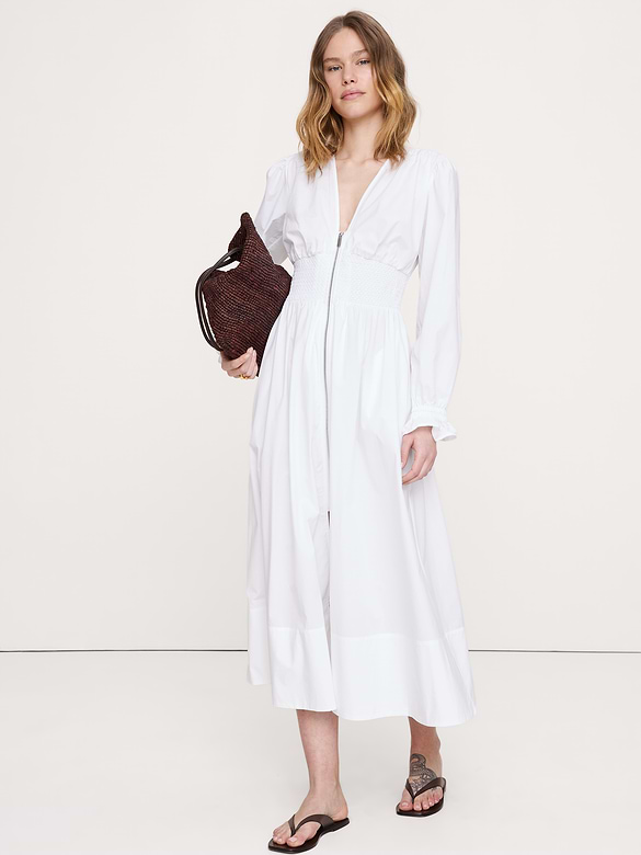 Cotton Poplin Smocked-Waist Maxi Dress