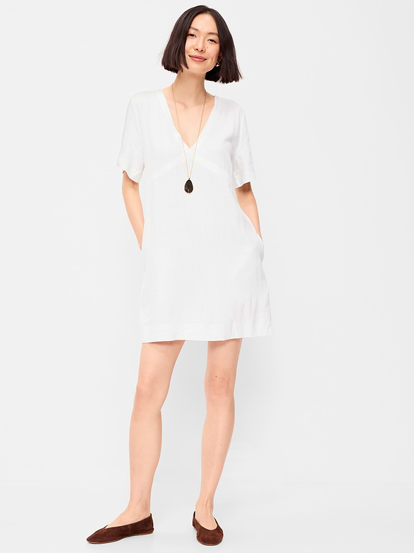 Short-Sleeve Linen-Blend Mini Shift Dress