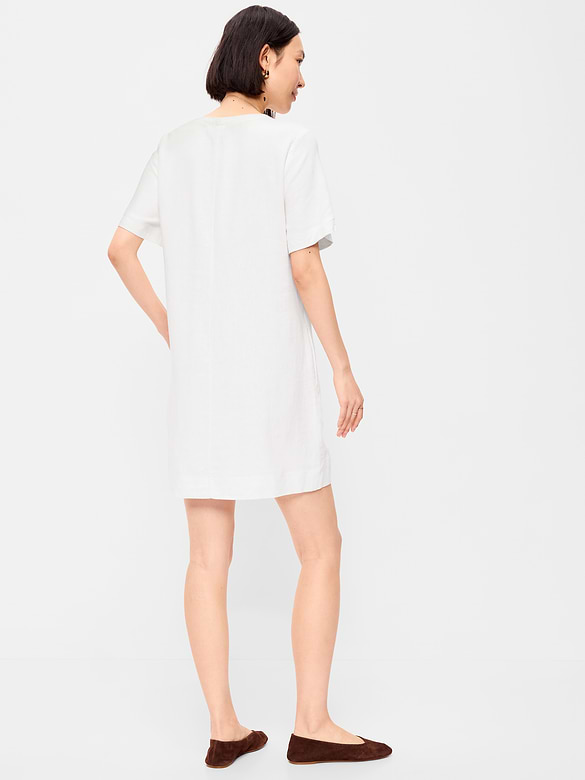 Short-Sleeve Linen-Blend Mini Shift Dress