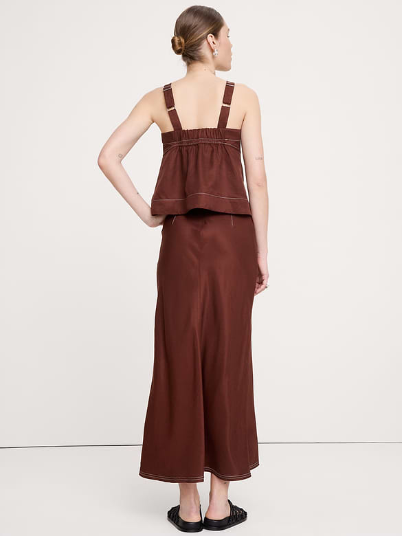 Jupe longue en lin et viscose taillée en biais