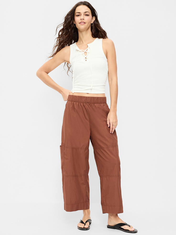 Image number 1 showing, Mid-Rise Cropped Barrel-Leg Utility Pants