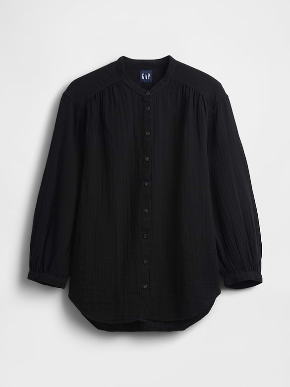 Cotton Gauze Oversized Collarless Shirt