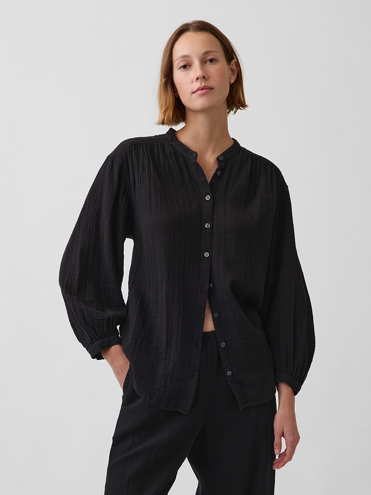 Image number 1 showing, Cotton Gauze Oversized Collarless Shirt