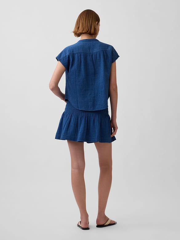 Cotton Gauze Denim Smocked-Waist Mini Skort