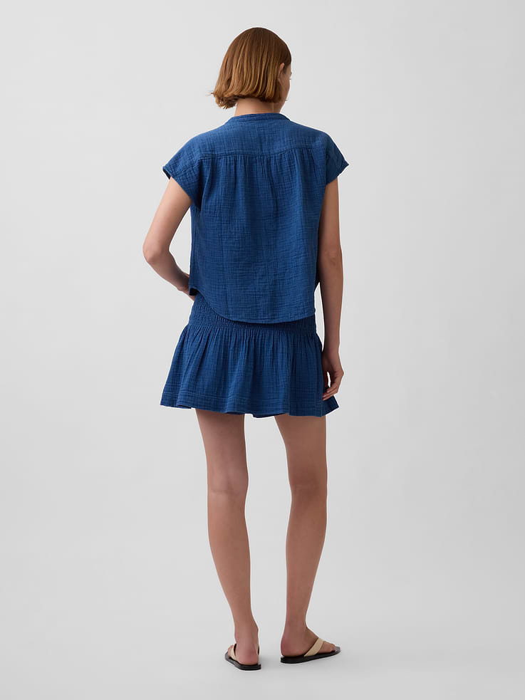 Image number 2 showing, Cotton Gauze Denim Smocked-Waist Mini Skort