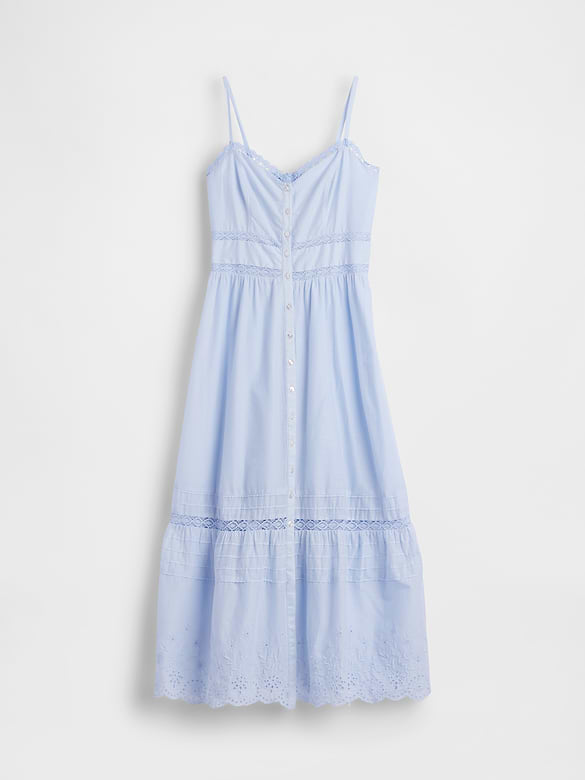 Lace-Trim Button-Front Maxi Dress