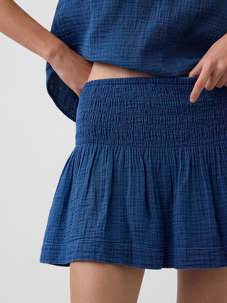 Image number 4 showing, Cotton Gauze Denim Smocked-Waist Mini Skort