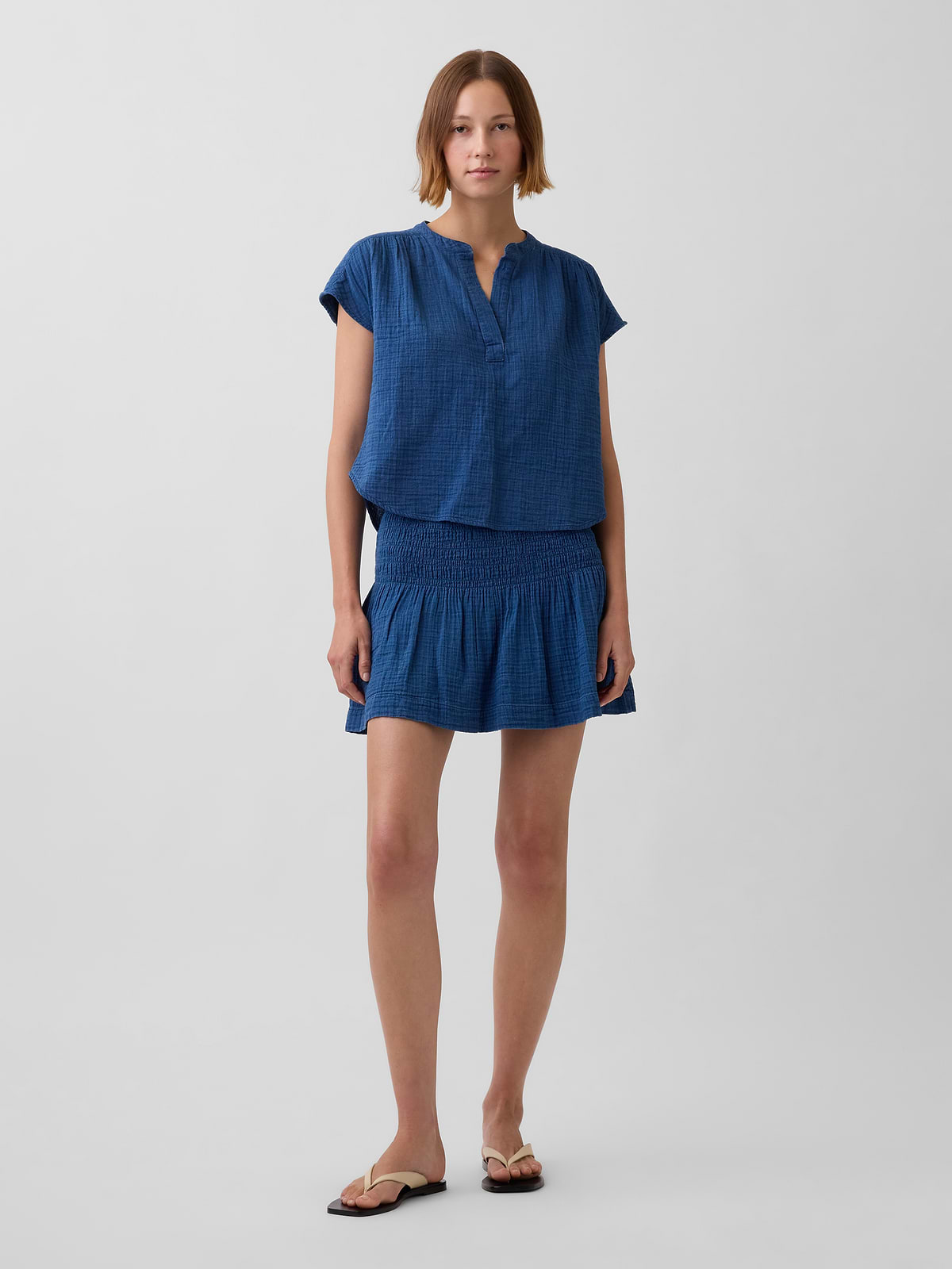 Cotton Gauze Denim Smocked-Waist Mini Skort