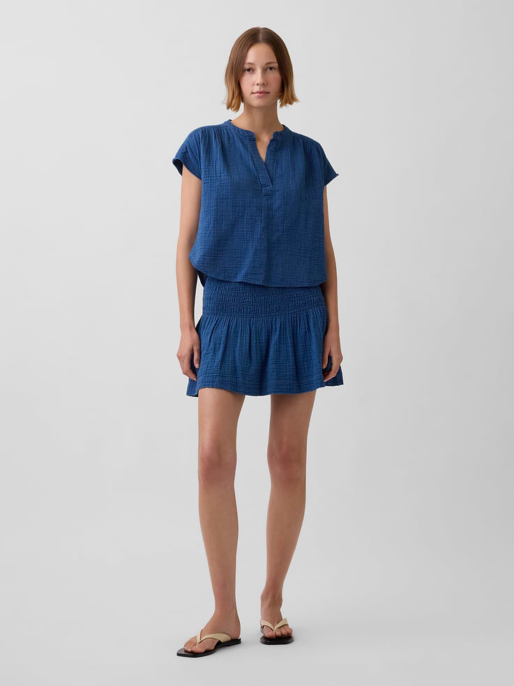 Image number 1 showing, Cotton Gauze Denim Smocked-Waist Mini Skort