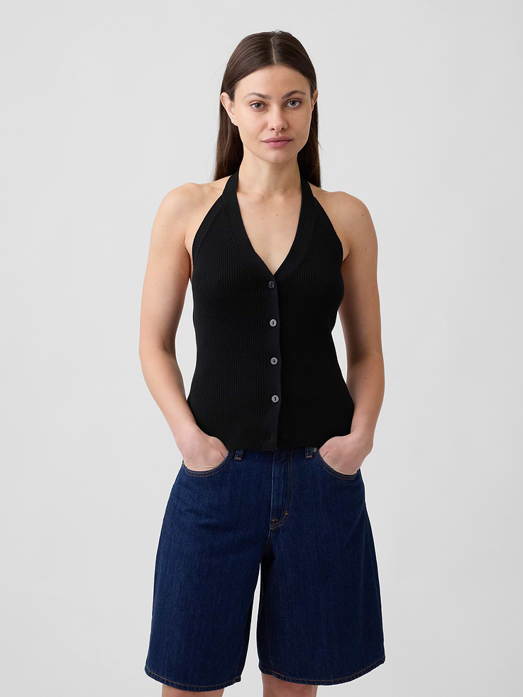 Image number 1 showing, Sleeveless Halter Button-Up Sweater