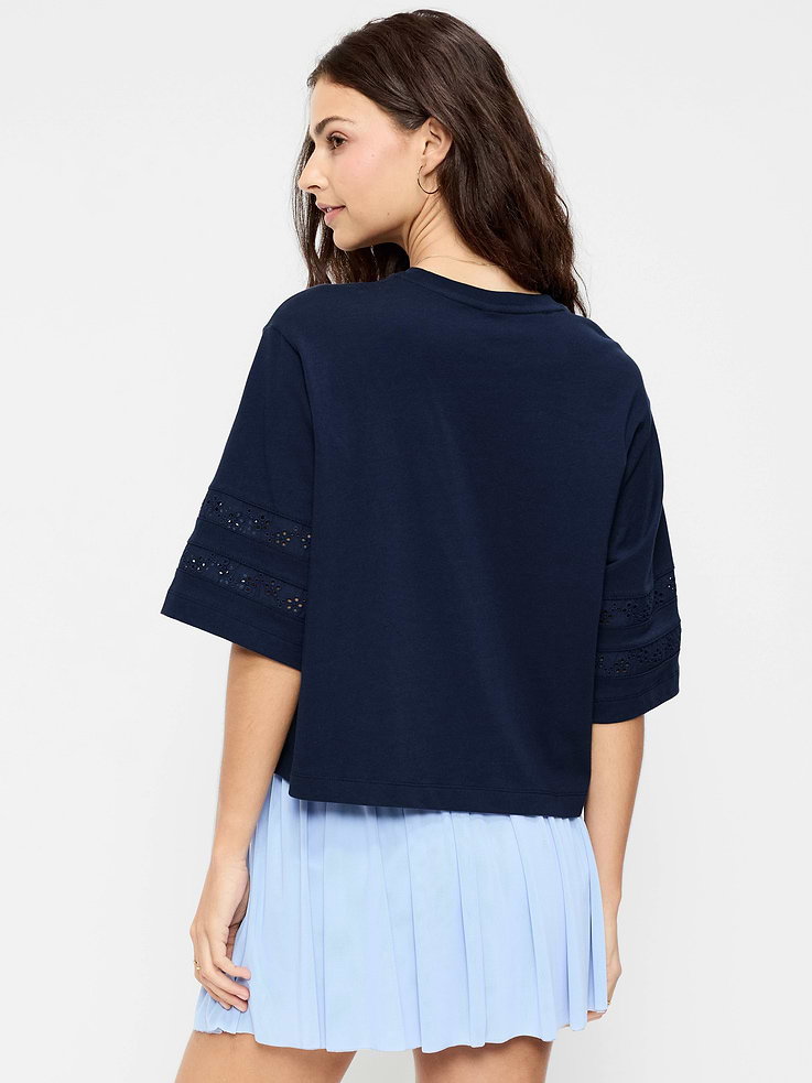 Image number 2 showing, Vintage Crew-Neck Cropped Lace-Trim T-Shirt