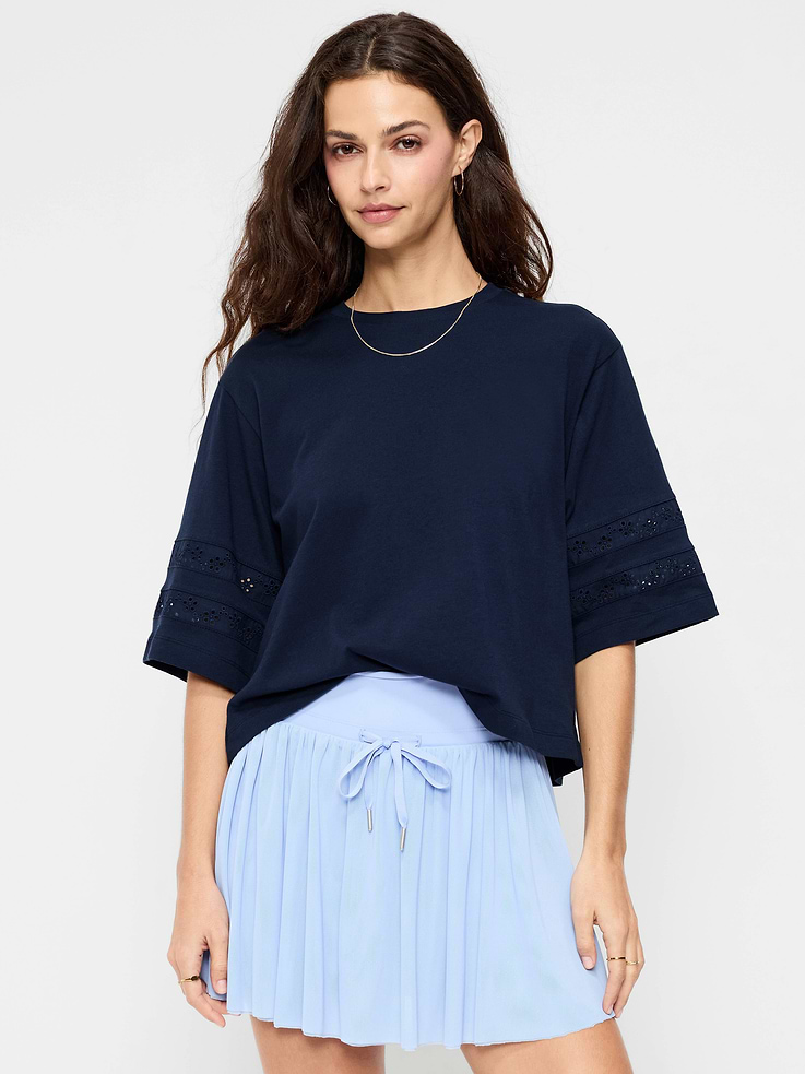 Image number 1 showing, Vintage Crew-Neck Cropped Lace-Trim T-Shirt