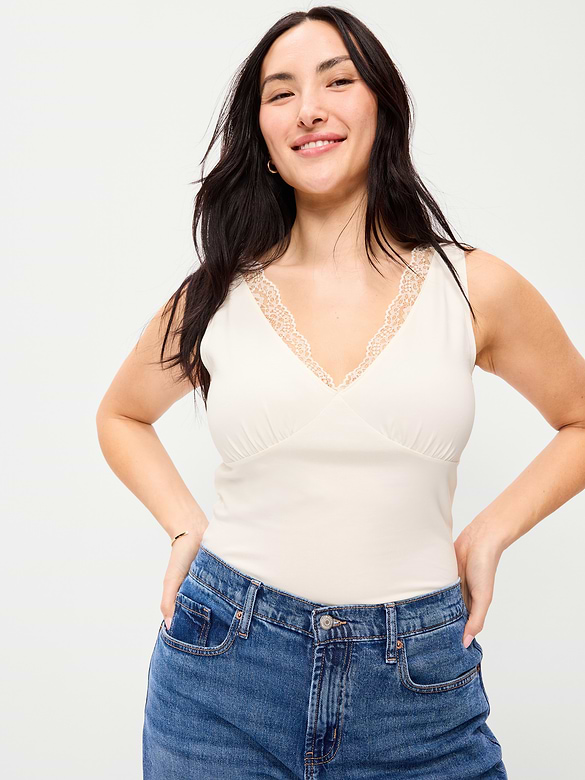 Sleeveless Lace-Trim V-Neck Top