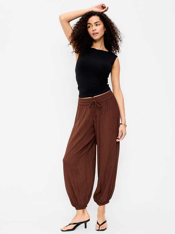 High-Waisted Sheer Crinkle Crepe Harem Pants