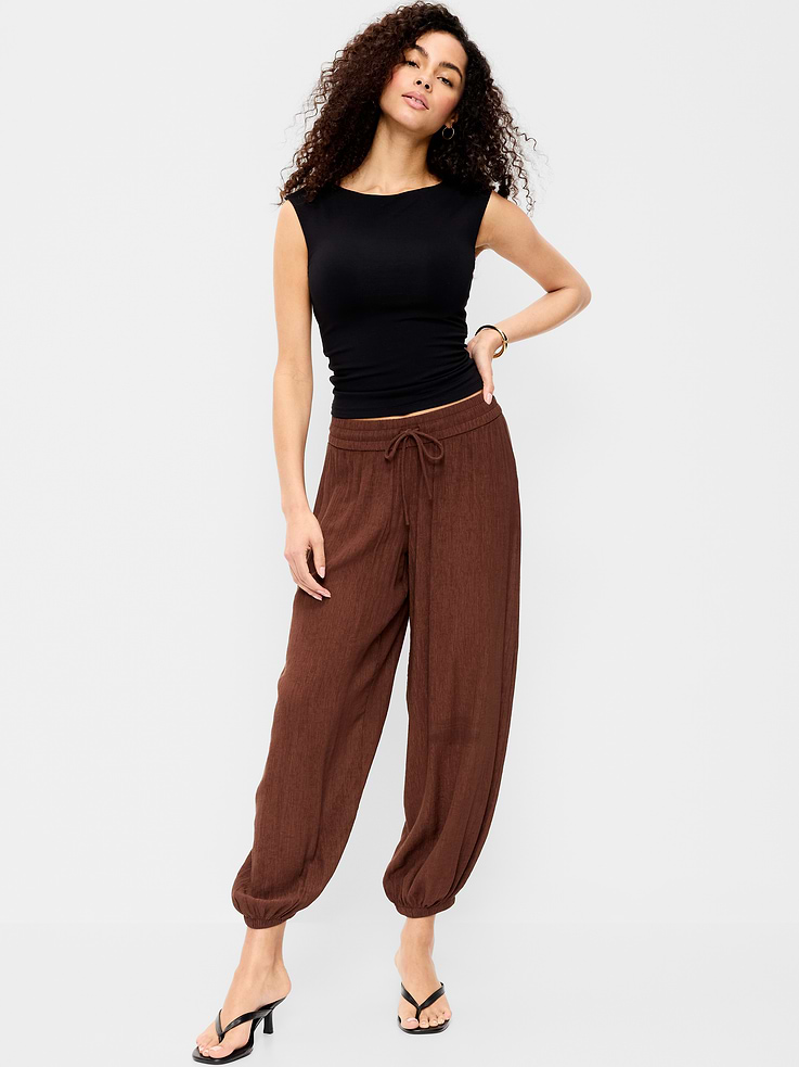 Image number 1 showing, High-Waisted Sheer Crinkle Crepe Harem Pants