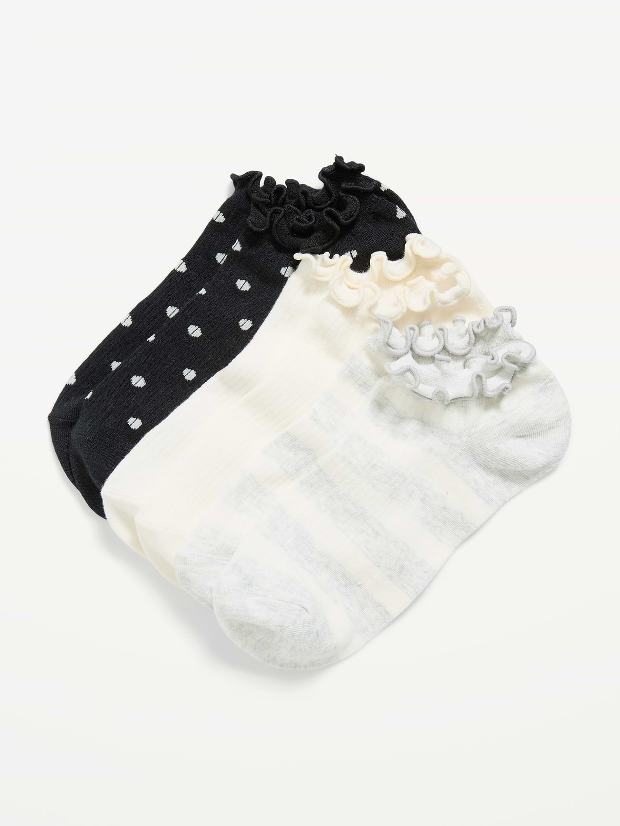 Image 1 of 2, includes 3 pairs of ankle socks, lettuce-edge openings, prints vary, Product #896168