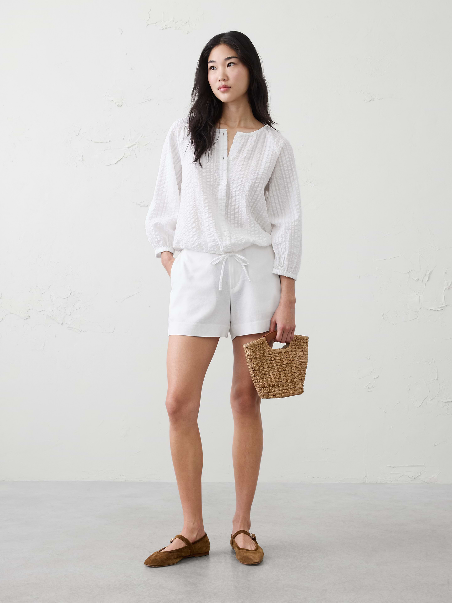 Image number 1 showing, Blouson-Sleeve Buttoned Cloud Check Top